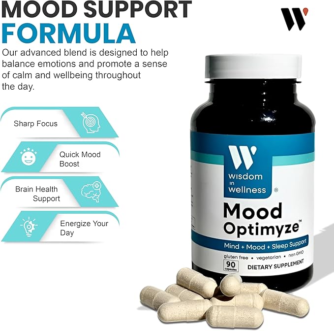 Wisdom In Wellness Mood Optimyze - 90 Mood Support Supplement Capsules - Soothing Support Supplement - Mind, Sleep & Mood Support Pills - Gluten Free & Non GMO Wellness and Relaxation Supplement