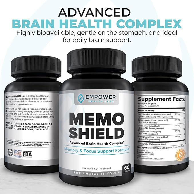 MemoShield Brain Health Supplement – Advanced Memory Support with Lion's Mane, Bacopa Monnieri, and Ginkgo Biloba – Cognitive Function and Brain Health Formula – 60 Capsules