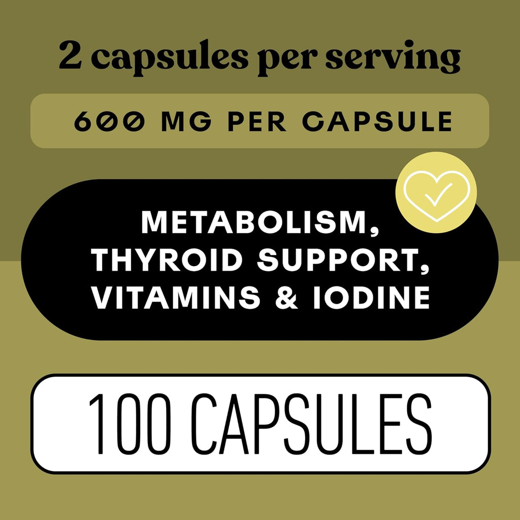 Complete Natural Products Raw Sea Kelp Powder Supplement - 600mg Capsules 100 Pills Powdered Raw Seaweed & Thyroid Support Supplement
