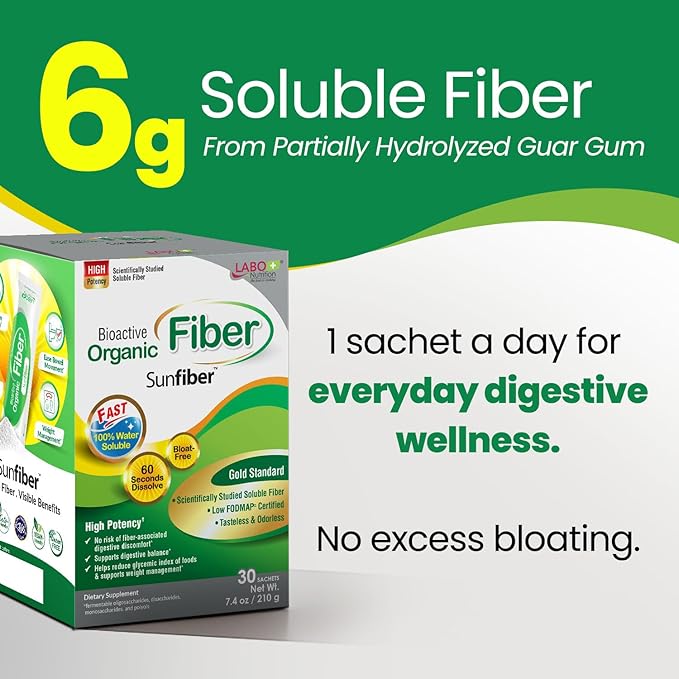 LABO Nutrition Bioactive Organic Fiber – Sunfiber PHGG Soluble Prebiotic Fiber - Digestive Regularity & Gut Health – Partially Hydrolyzed Guar Gum, Low FODMAP, Unflavored, Vegan, Non-GMO, 30 Sachetsx3