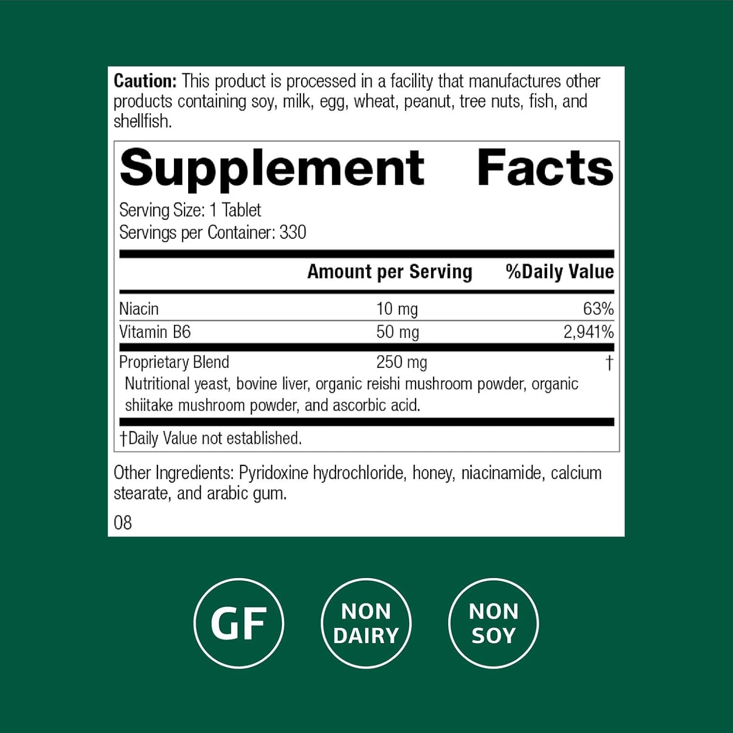 Standard Process Inc. B6-Niacinamide - Energy Metabolism, Heart Health, and Digestion Supplement with Vitamin B6, Niacin, Ascorbic Acid, Reishi Mushroom, Shiitake Mushroom - 330 Tablets