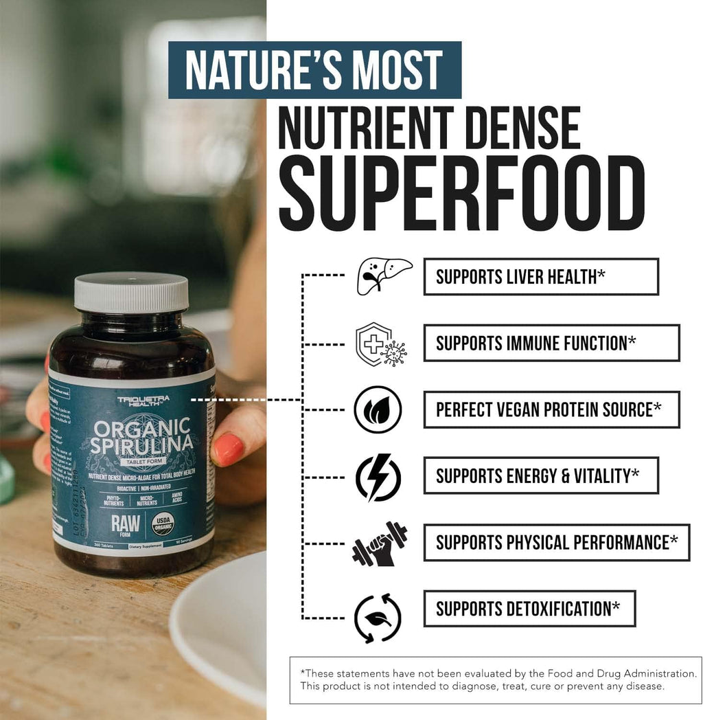 Organic Spirulina Tablets (360 Tablets) - Made with Parry® Spirulina, The Best Spirulina in The World, Highest Nutrient Density - Non-Irradiated, 3 Organic Certifications (90 Servings)