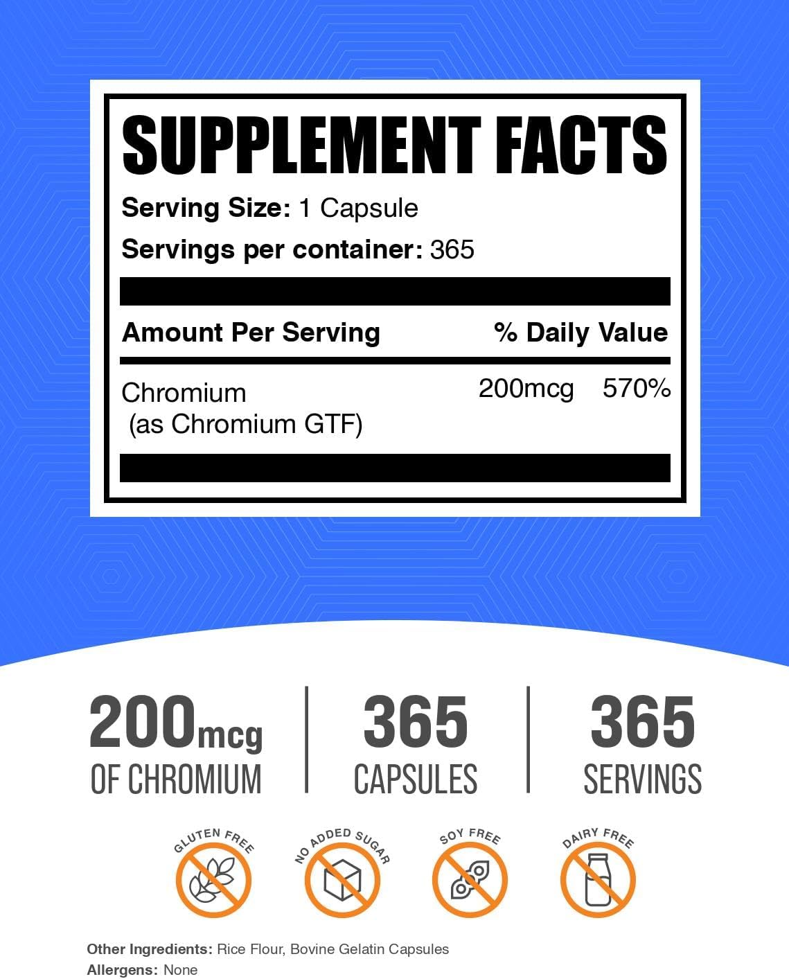 BulkSupplements.com Chromium GTF Capsules - Mineral Supplement, GTF Chromium 200mcg - Gluten Free, 1 Capsule per Serving, 365 Capsules (Pack of 1)
