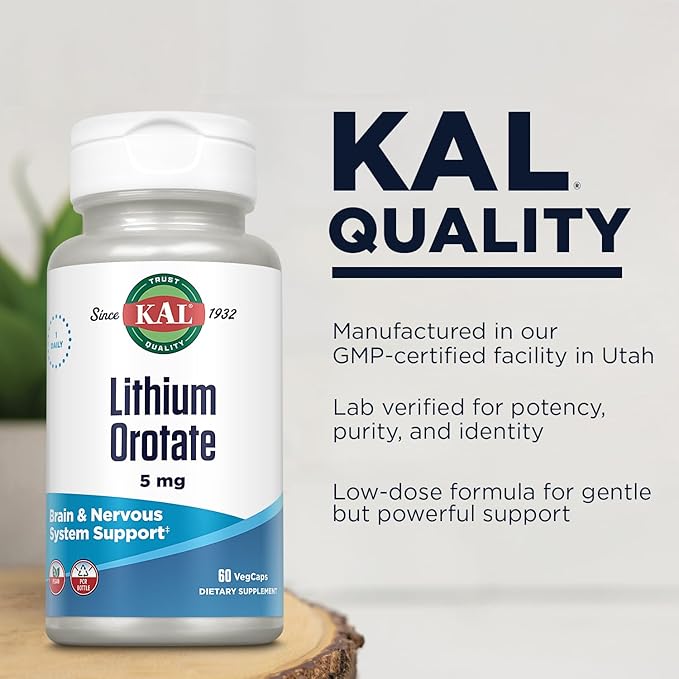 KAL Lithium Orotate 5mg | Low Serving of Chelated Lithium Orotate for Bioavailability & Mood Support | in Organic Rice Bran Extract Base | 60 VegCaps