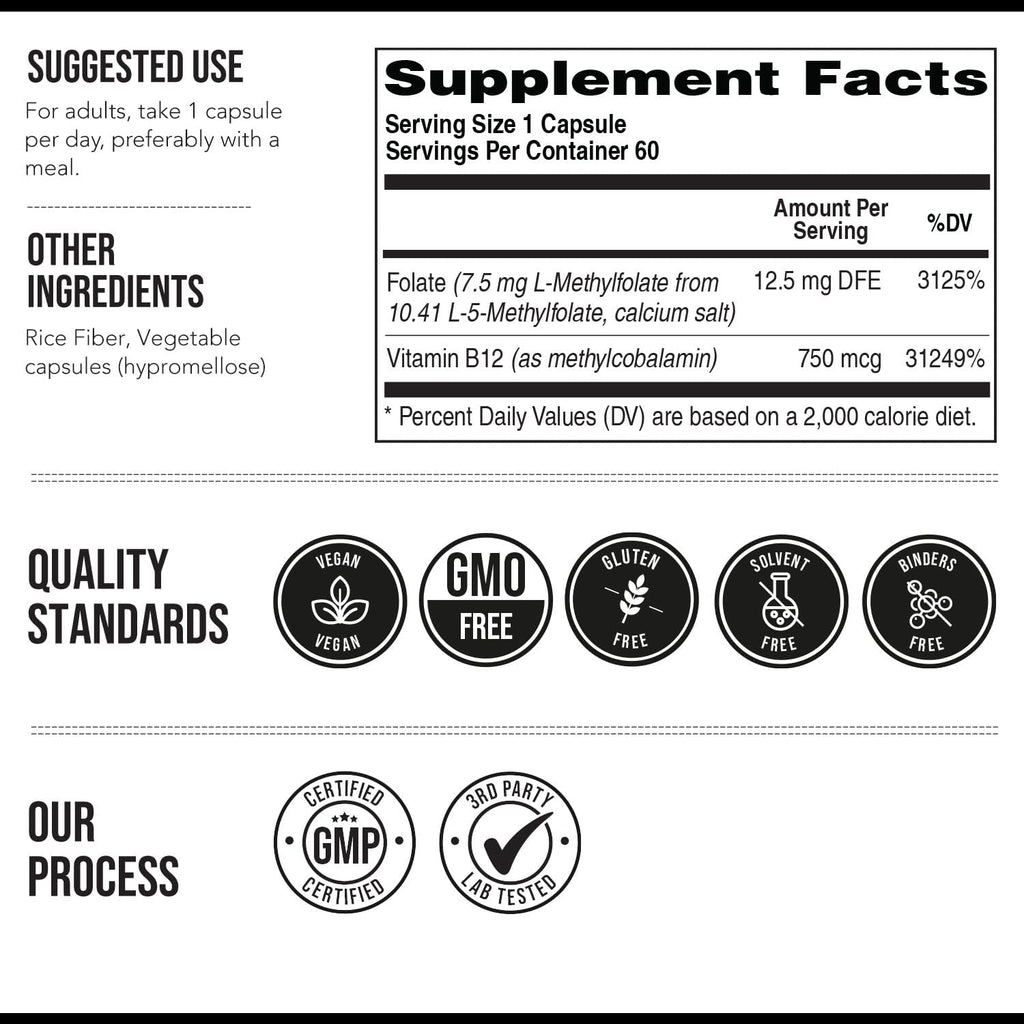 L Methylfolate 7.5mg plus Methyl B12 - Active 5-MTHF Form, MTHFR Supplement - Bloodstream Ready Methylated Folate + B12 Cofactor - Supports Mood, Homocysteine Methylation, Cognition (60 Capsules)