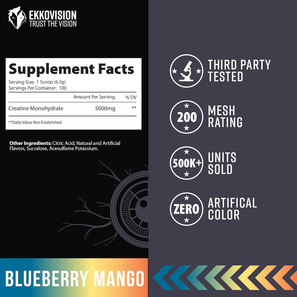 Ekkovision Creatine Monohydrate Powder, Micronized, Blueberry Mango, Pre Workout & Post Workout Supplement for Men and Women, Energy Support, Easy to Mix in Shakes, Smoothies & Beverages, 100 Servings