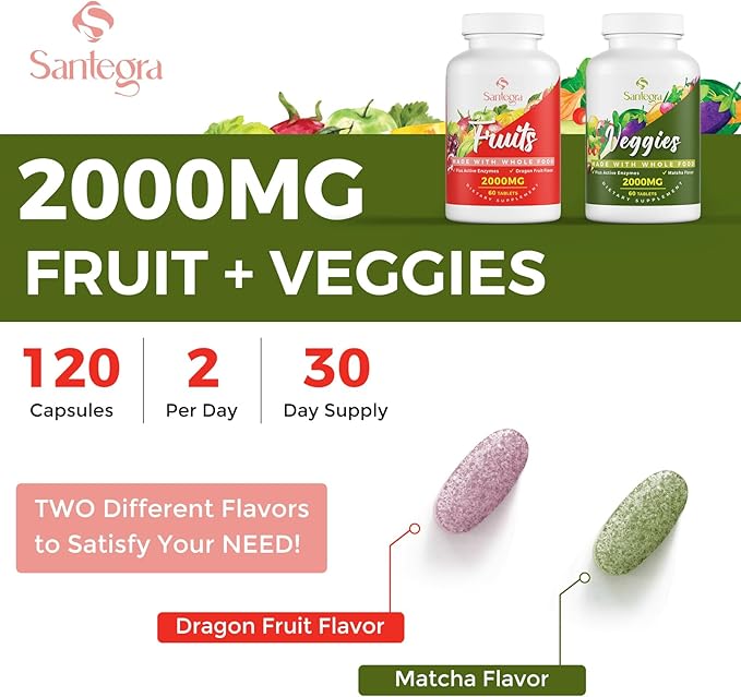 2000 MG Fruit and Veggies Supplement, 35+ Fruits and Vegetables for Daily Variety, 100% Whole Food Superfoods, Natural Vitamins for Women & Men, Sugar-Free, Gluten-Free, Vegan, 120 Tablets