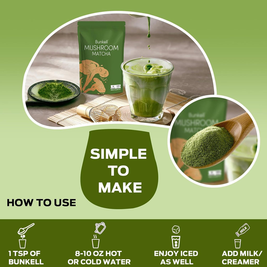 Bunkell Mushroom Matcha, Adaptogenic 6 Mushrooms Mix w/Japanese Matcha, Ceremonial Powder Blend with Lion's Mane, Reishi, Cordyceps & Shiitake for Energy, Focus & Immune Support, 30 Servings 1 Pack