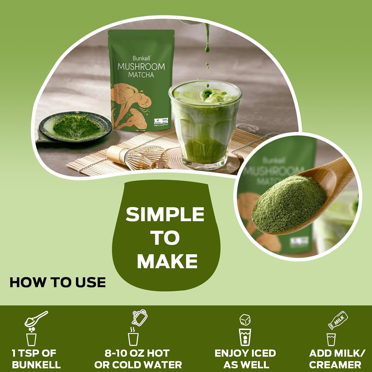 Bunkell Mushroom Matcha, Adaptogenic 6 Mushrooms Mix w/Japanese Matcha, Ceremonial Powder Blend with Lion's Mane, Reishi, Cordyceps & Shiitake for Energy, Focus & Immune Support, 30 Servings 1 Pack