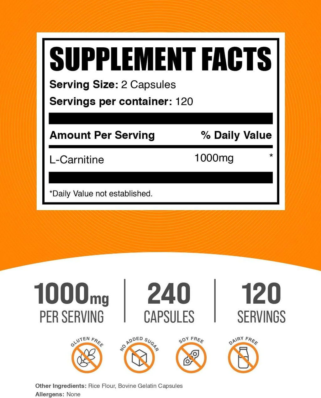 BulkSupplements.com L-Carnitine 1000mg Capsules - Carnitine Supplement, L Carnitine 1000mg, L-Carnitine Capsules - 2 Capsules per Serving (1000mg), 240 Capsules (Pack of 1)