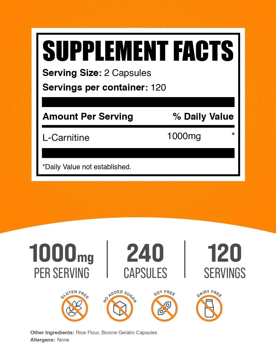 BulkSupplements.com L-Carnitine 1000mg Capsules - Carnitine Supplement, L Carnitine 1000mg, L-Carnitine Capsules - 2 Capsules per Serving (1000mg), 240 Capsules (Pack of 1)