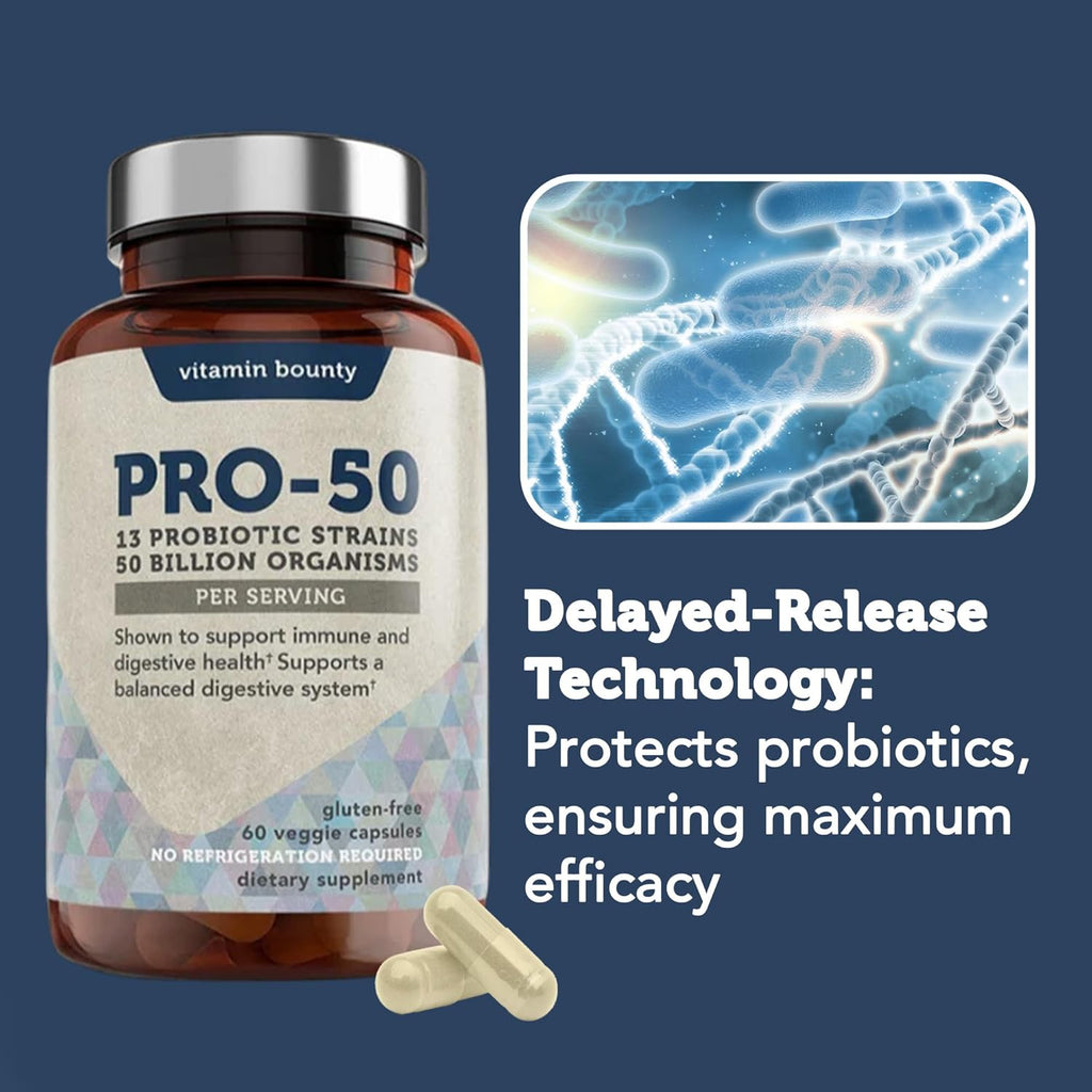 Vitamin Bounty Pro-50 Probiotics 50 Billion CFU for Women & Men - 13 Multi Strain Probiotic + Prebiotic - Digestive Health Supplements for Gut Health Support - Delayed Release Capsules for Men & Women