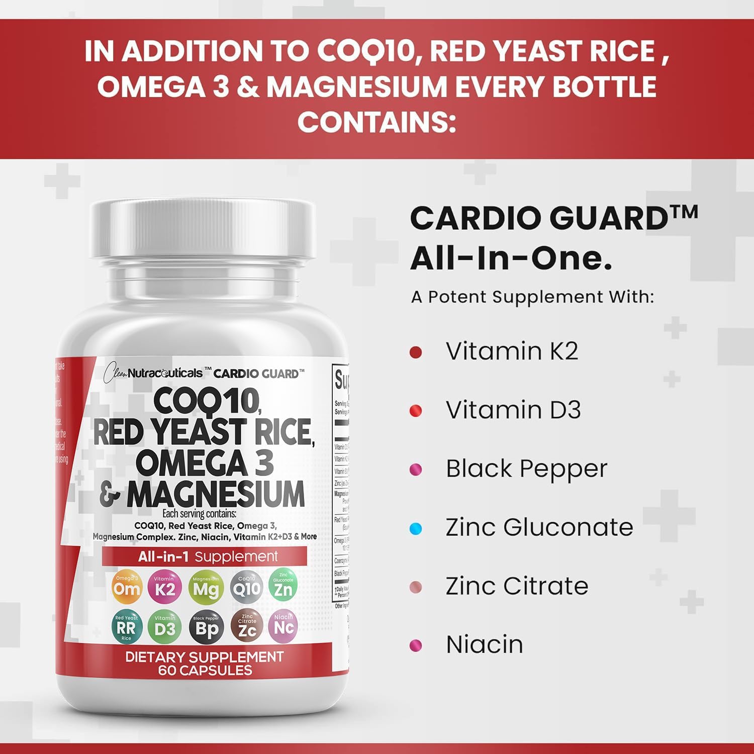 Clean Nutraceuticals COQ10 200mg Red Yeast Rice Omega 3 Magnesium Complex 500mg Niacin Zinc Vitamin K2 D3 - Heart Support Vitamins for Women & Men w/Vitamin B3, Coenzyme Q10-60 Ct