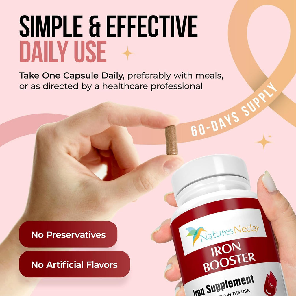 Nature's Nectar Blood Builder Iron Supplement for Men & Women – Slow Release Non-Constipating Iron Capsules with Vitamin B-12, Folic Acid & Vitamin C – Supports Red Blood Cell Production 60 Capsules