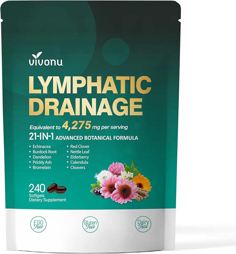 Lymphatic Drainage Supplement, 240 Softgels, 4275mg Lymph System Support Supplement for Women & Men, 21-in-1 Herbal Blend with Echinacea, Dandelion, Burdock, Bromelain, Calendula, Turmeric & More 2Bag