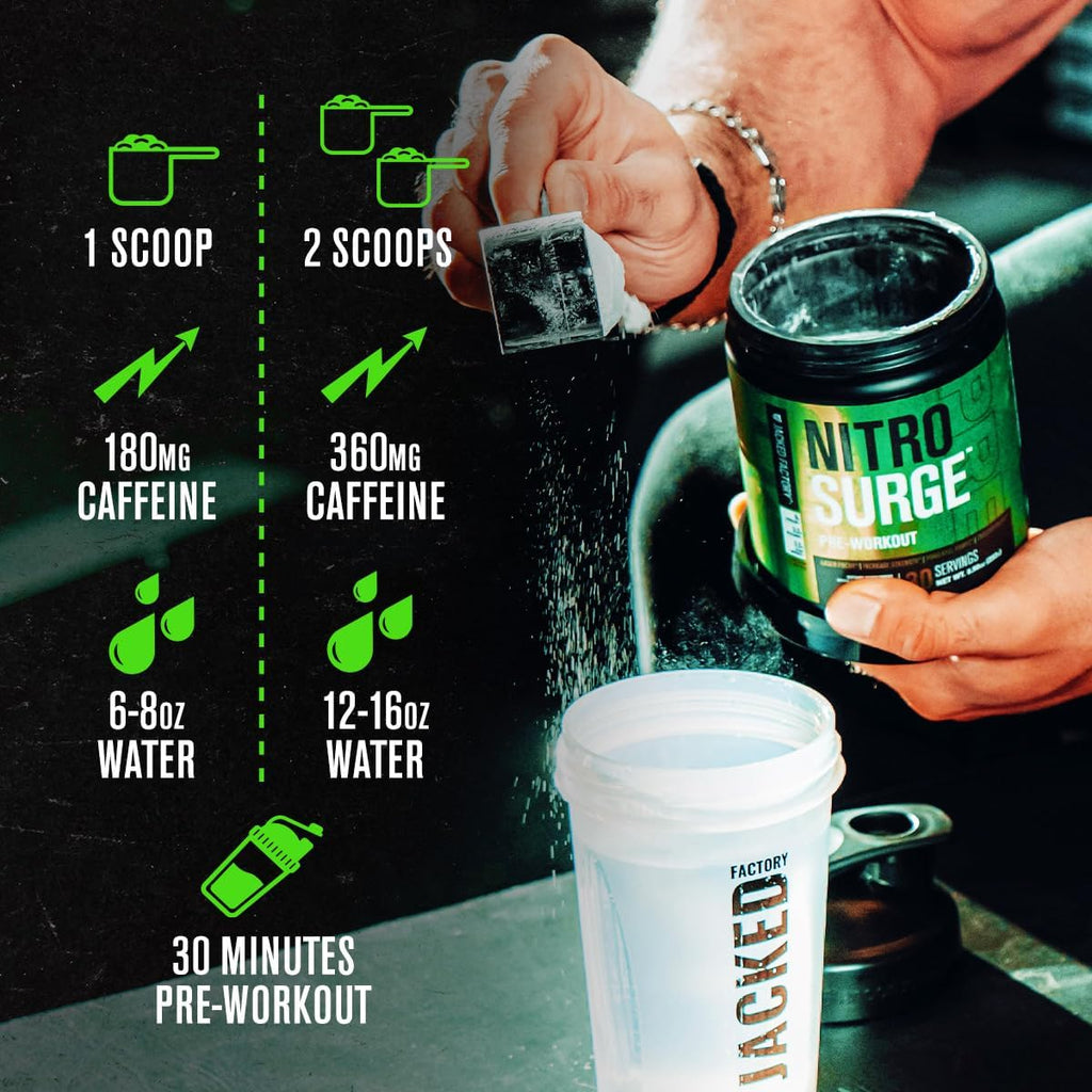 Jacked Factory NITROSURGE Pre Workout Supplement - Energy Booster, Instant Strength Gains, Clear Focus, & Intense Pumps - NO Booster & Powerful Preworkout Energy Powder - 60 Servings, Blue Raspberry