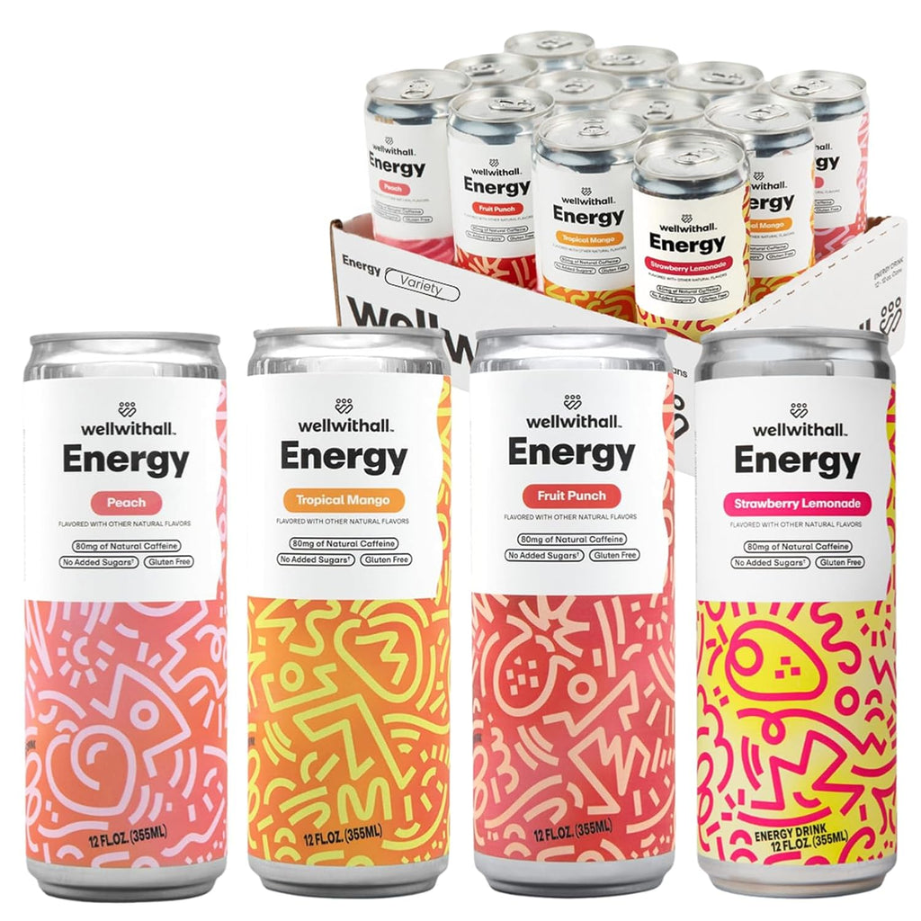WellWithAll Energy Drink Variety Pack – Strawberry Lemonade, Fruit Punch, Tropical Mango, and Peach Flavors – Caffeine from Tea – With Vitamin C – Lightly Sparkling Beverage – Fruit & Veggie Juice Blend – 12 Oz (Pack of 12 – 3 Cans of Each Flavor)