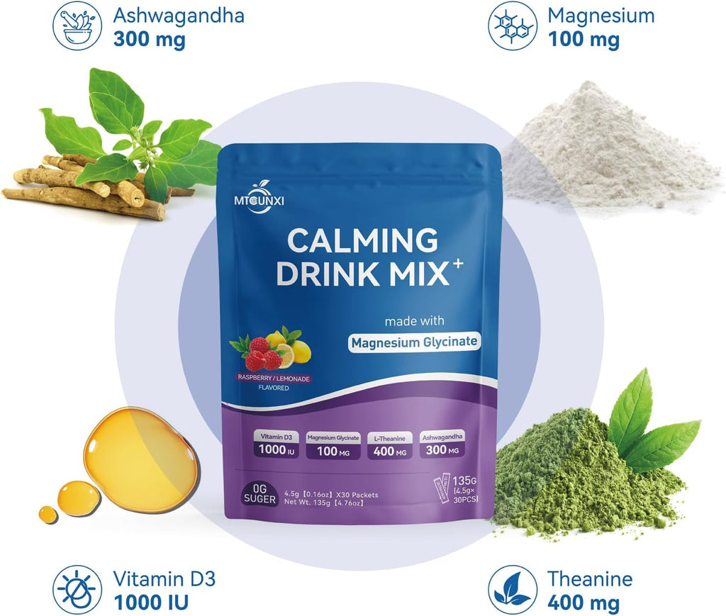 UltraCalm Super Cortisol Drink with Magnesium Glycinate, Ashwagandha, L-Theanine, Vitamin D3, Magnesium Glycinate Powder for Sleep & Stress Relief, Raspberry Lemonade, Sugar Free（30 Servings）