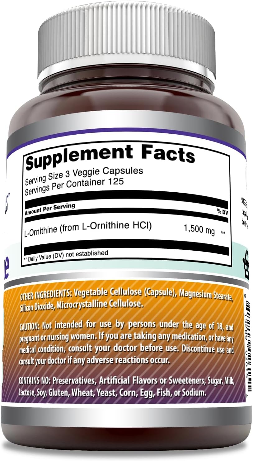 Amazing Formulas L-Ornithine Supplement | 1500 Mg Per Serving | 250 Veggie Capsules | Non-GMO | Gluten Free | Made in USA