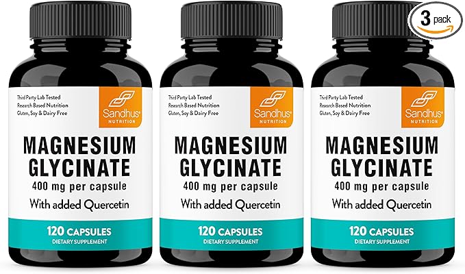 Magnesium Glycinate 400mg High Absorption Capsules with Quercetin | Quality Sleep, Relaxation & Muscle Health Supplement for Women and Men | Chelated Magnesium 120 Count (Pack of 3) | Easy to Swallow