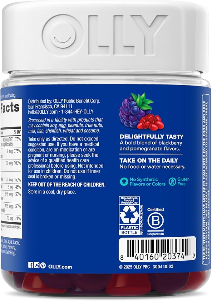 OLLY Men's Multi Gummies, Supports Overall Wellness,* Vitamins A, C, D, E, Bs & Zinc, BlackBerry Blitz Flavored, 65 Day Supply - 130 Count