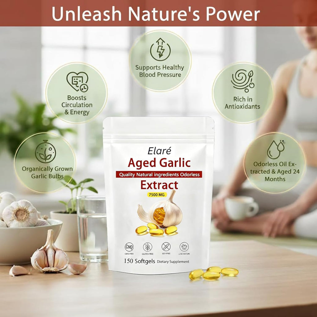 Elare Aged Garlic Extract - 7500mg Odorless, Organic Garlic Extract Capsules | Heart & Immune Antioxidant Supplements, Vegetarian, All-Natural, Non-GMO, 150 Softgels(1 PCS)