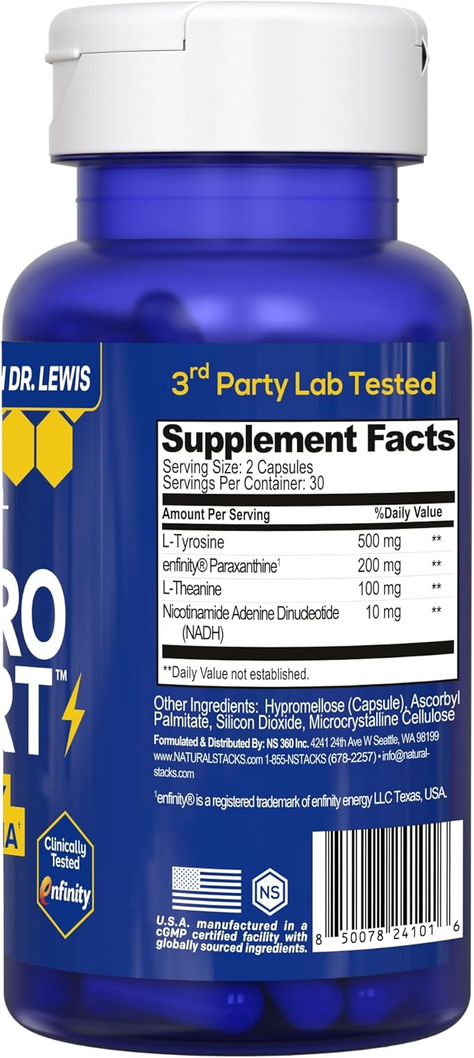NATURAL STACKS NeuroAlert - 200mg Paraxanthine Energy Supplement - Caffeine Free Focus w/ 500mg L-Tyrosine & 100mg L-Theanine - 10mg NADH for Cellular Energy Support - 60 Paraxanthine Capsules