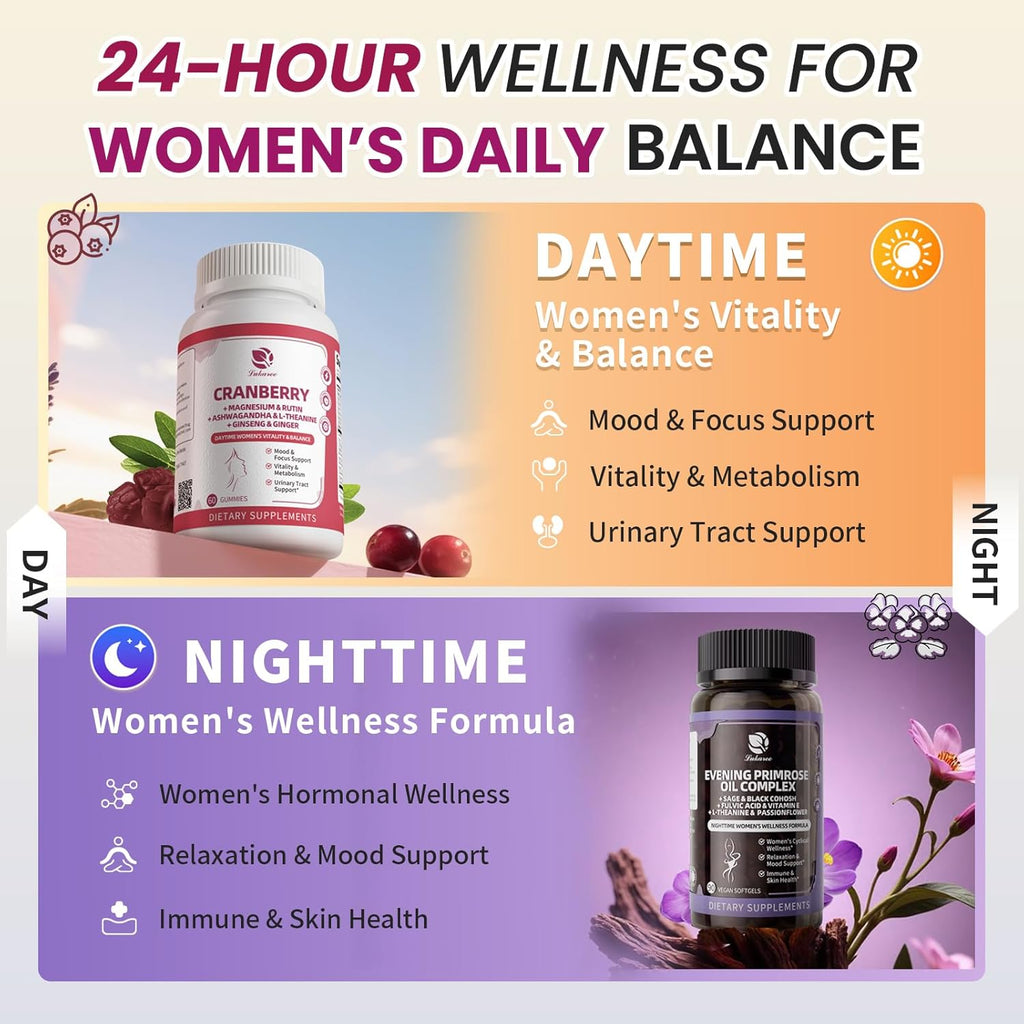 Evening Primrose Oil & Cranberry Wellness Duo – Supports Urinary Health, Hormonal Balance, Skin Health, Stress Relief, and Relaxation – Daytime Clarity & Nighttime Calm – 30-Day Supply