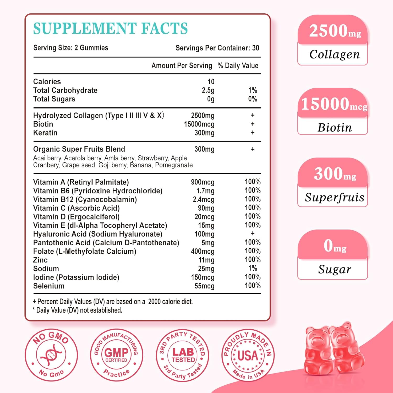 Sugar Free Collagen Gummies for Women Men, Multi Collagen Peptides Gummies Type I II III V X with Biotin Vitamin A B C D E for Hair Skin Nails, Strawberry Flavor, 60 Count
