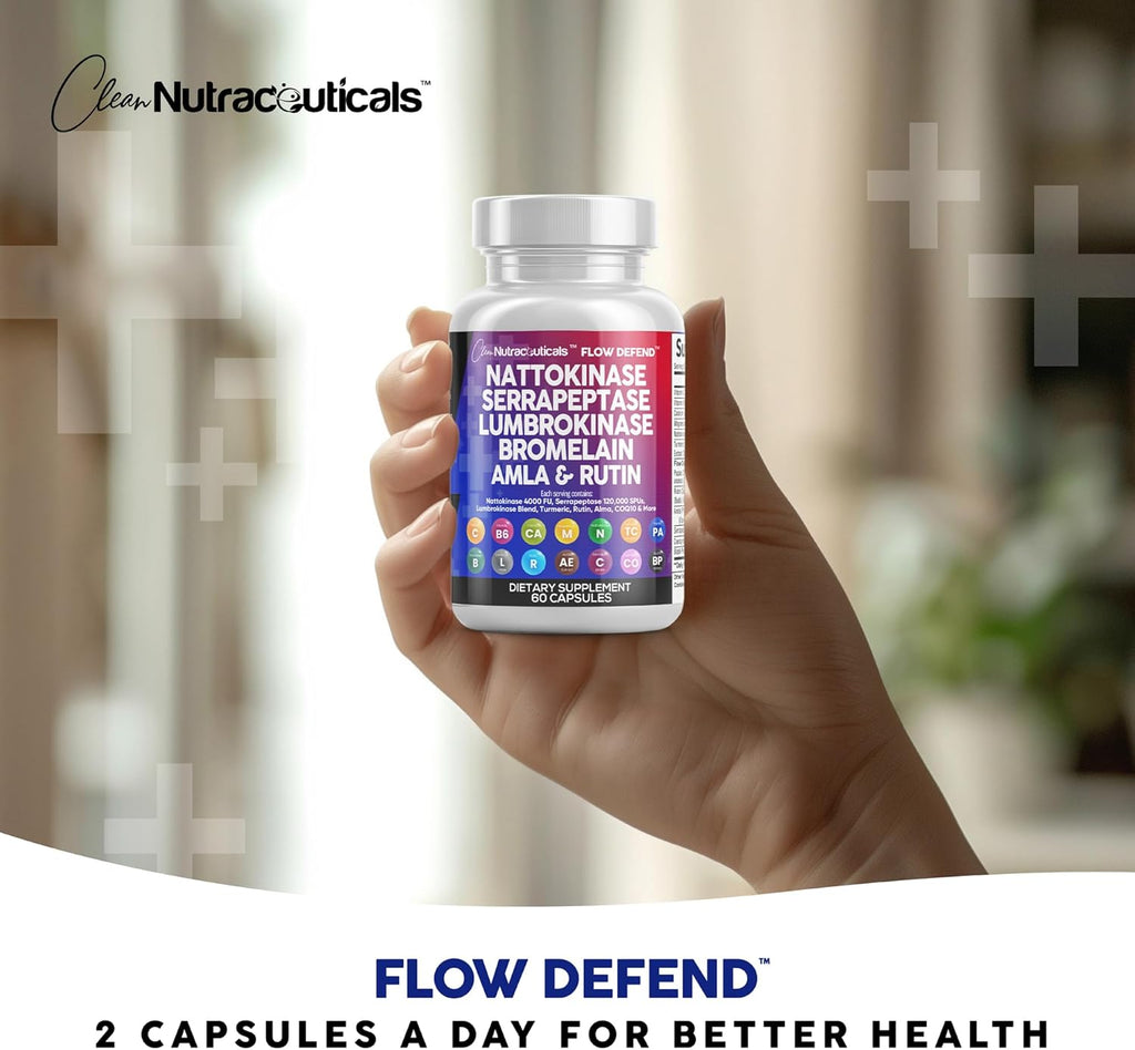 Clean Nutraceuticals Nattokinase 4000 FU Serrapeptase 120000 SPU Lumbrokinase Enzyme Supplement with Bromelain Papain Papaya Enzymes Rutin Extract Amla Magnesium Vitamin B6 & VIT C Capsules