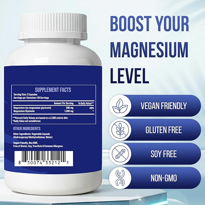 Magnesium Glycinate 1000mg - High Absorption chelated Magnesium Supplement - Supports Relaxation, Restful Sleep, Muscle Function & Bone Health - 180 Capsules - Vegan, Non-GMO