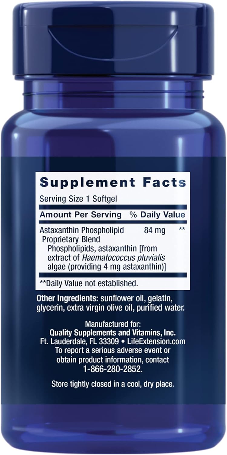 Life Extension Astaxanthin with Phospholipids – Antioxidant Support, Eye Health – Algae-Derived – Gluten-Free, Non-GMO – 30 Softgels