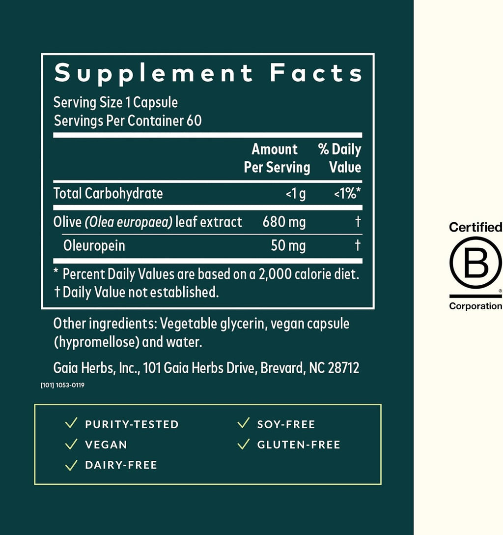 Gaia Herbs Olive Leaf - Traditional Immune Health Support - Immune System Supplement with Olive Leaf Extract and Oleuropein - 60 Vegan Liquid Phyto-Caps