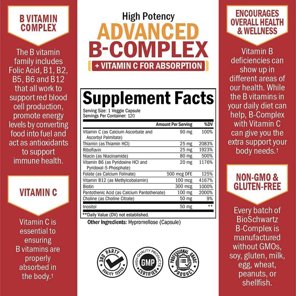 Vitamin B Complex with Vitamin C for Maximum Absorption - Methylcobalamin b12 & Folate Folic Acid Supplement - B1 B2 B3 B5 B6 B7 B9 for Immune Energy & Nervous System Support - Non-GMO, 120 count