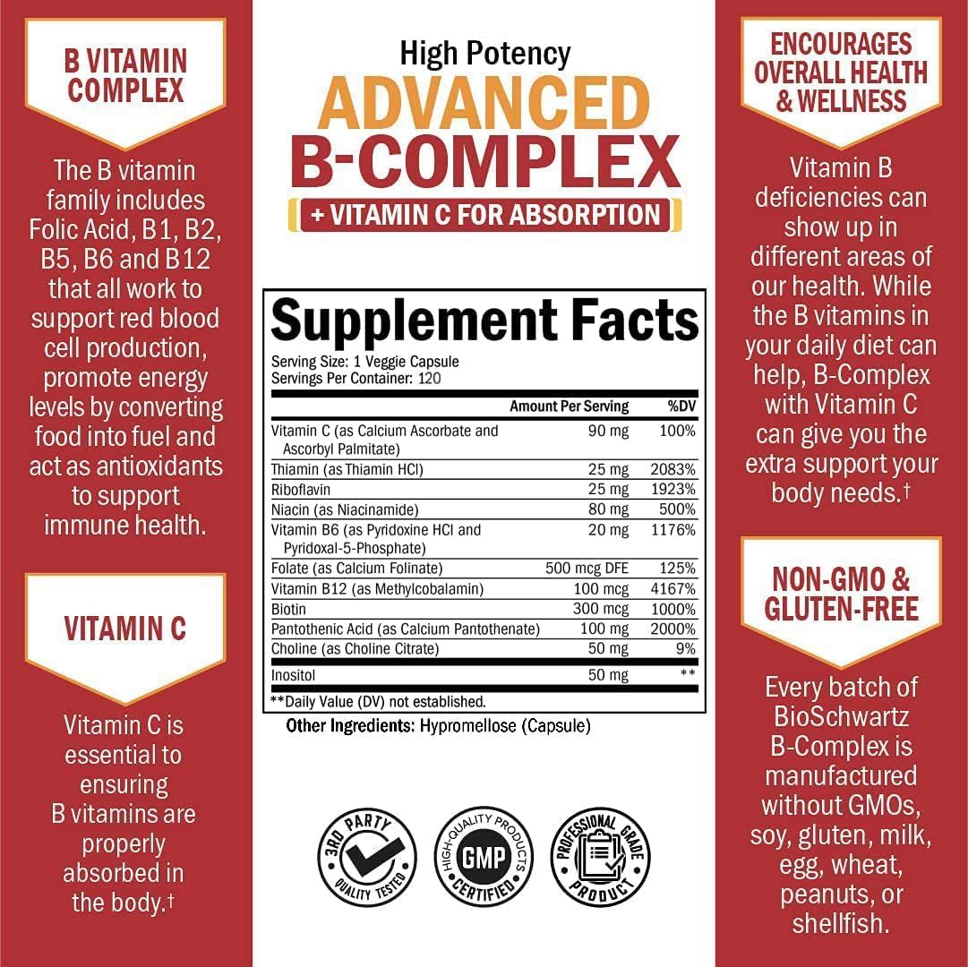Vitamin B Complex with Vitamin C for Maximum Absorption - Methylcobalamin b12 & Folate Folic Acid Supplement - B1 B2 B3 B5 B6 B7 B9 for Immune Energy & Nervous System Support - Non-GMO, 120 count