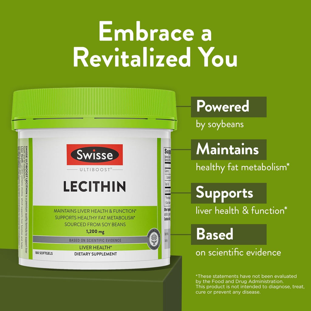 Swisse Soy Lecithin 1200mg Softgels Capsules | Maintains Liver Health and Function * | Supports Fat Metabolism * | Choline Lecithin Supplement 1200 mg | 180 Softgels