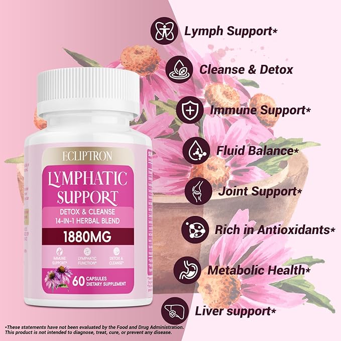 Lymphatic Drainage Supplement 1880 mg, Lymphatic System Support Supplement with Echinacea, Dandelion, Turmeric, Burdock, Elderberry, and Calendula, Lymph Detox Cleanse & Immune Support, 120 Capsules