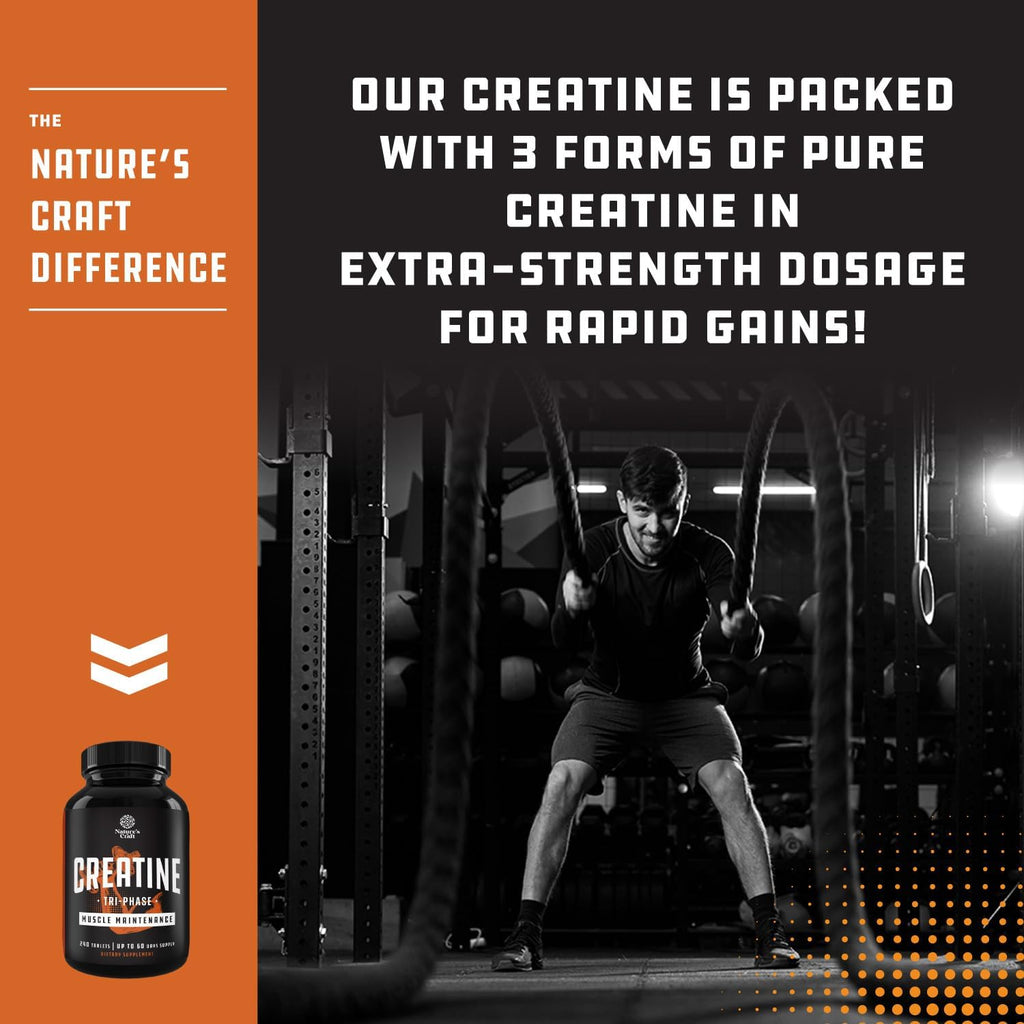 Natures Craft High Strength Tri Phase Creatine Tablets for Women & Men - Formula Blend of Creatine Monohydrate, 300mg HCL & Pyruvate Supplement - Muscle Mass Gain & Recovery Supplement - 240 Tablets