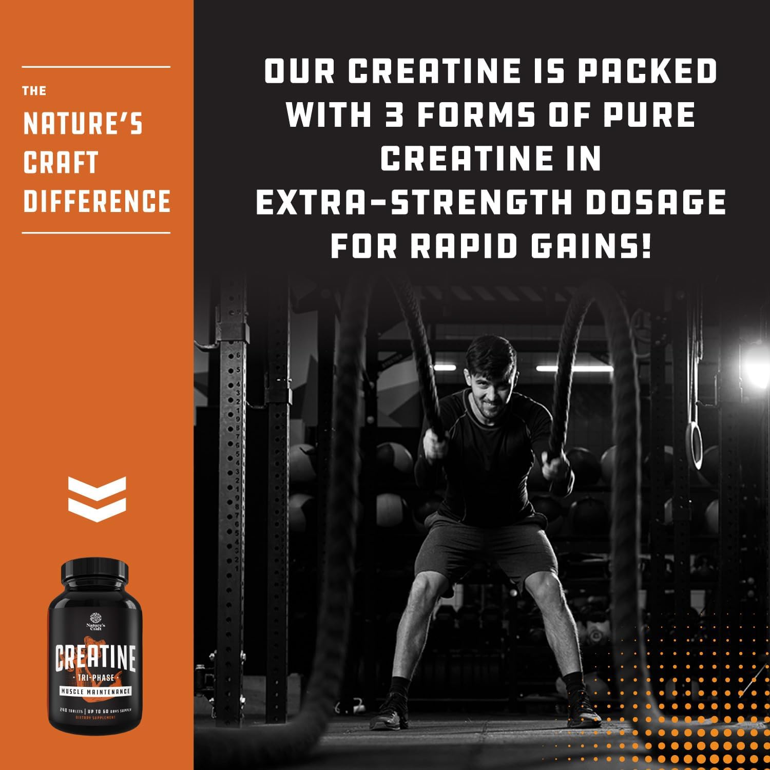 Natures Craft High Strength Tri Phase Creatine Tablets for Women & Men - Formula Blend of Creatine Monohydrate, 300mg HCL & Pyruvate Supplement - Muscle Mass Gain & Recovery Supplement - 240 Tablets