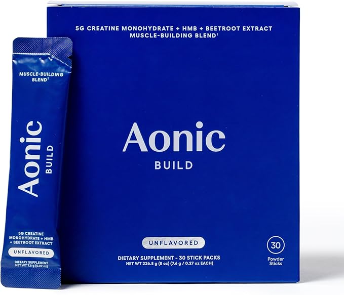 AONIC Build 3-in-1 Creatine, HMBPro™ & Beetroot Formula | Vegan, Non-GMO Pre/Post-Workout Drink Mix – Unflavored (30 Sticks)