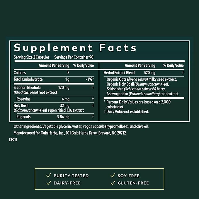 Gaia Herbs Adrenal Health Daily Support - Herbal Supplement with Ashwagandha, Holy Basil & Schisandra - Help Maintain Healthy Energy & Stress Levels* - 180 Vegan Liquid Phyto-Caps (90 Servings)