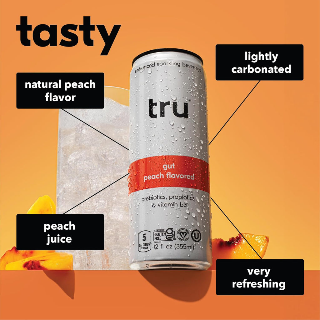 Tru Gut Seltzer, Sparkling Water with Prebiotics, Probiotics & Vitamin B3, Peach Juice & Natural Flavor, Lightly Carbonated, Gluten Free, Vegan, Caffeine Free, Low Calorie, 12 FL OZ Cans, 12 Pack