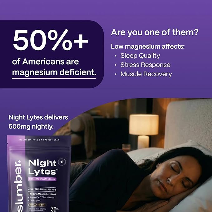 Slumber Night Lytes Magnesium Sleep Powder Drink Mix, Vanilla Hibiscus Flavor, Magnesium Glycinate, L-Theanine, Vitamin D3, Zinc, Sugar Free, Vegan, 30 Servings
