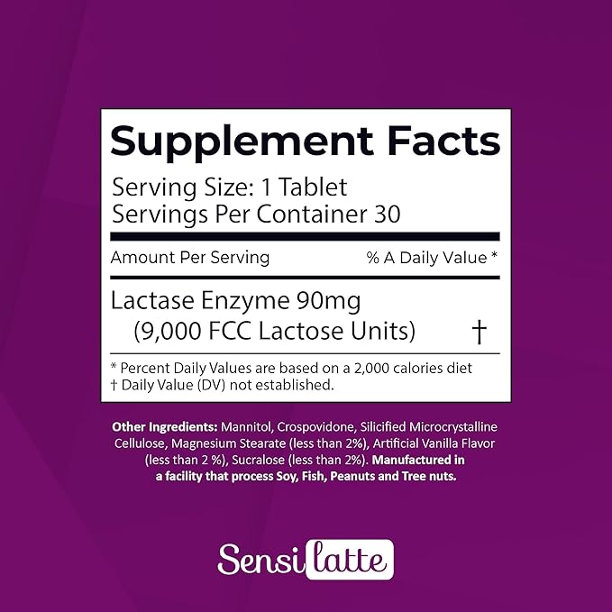 Lactase Enzyme 30 Tablets Vanilla - 9.000 FCC - Sensilatte – Quick Dissolution – Helps with Digestive Comfort – Prati Donaduzzi