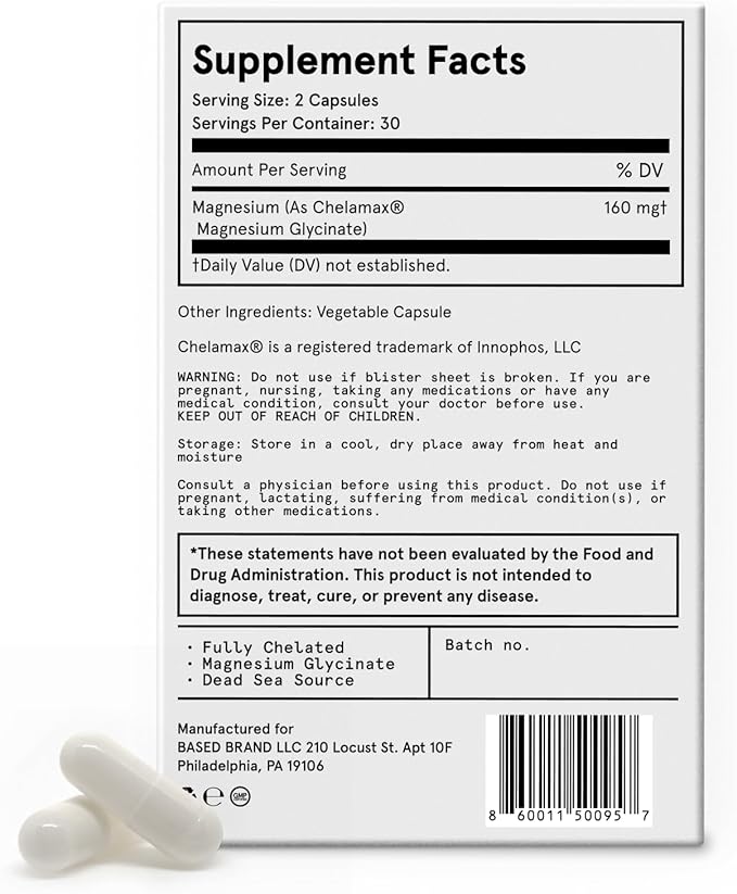 Based Dead Sea Magnesium | Pure Magnesium Glycinate | Support Stress Relief, Sleep, Heart Health, Nerves, Muscles, and Metabolism | 60 Capsules
