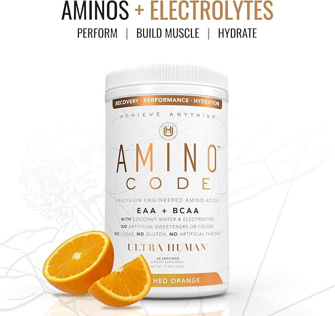 Ultra Human Amino Code | Essential Amino Acids + BCAAs + Coconut Water Electrolytes | Fast Hydration Workout Recovery Flavored Amino Energy Powder Drink | Clean Formula, 40 Servings - Crushed Orange