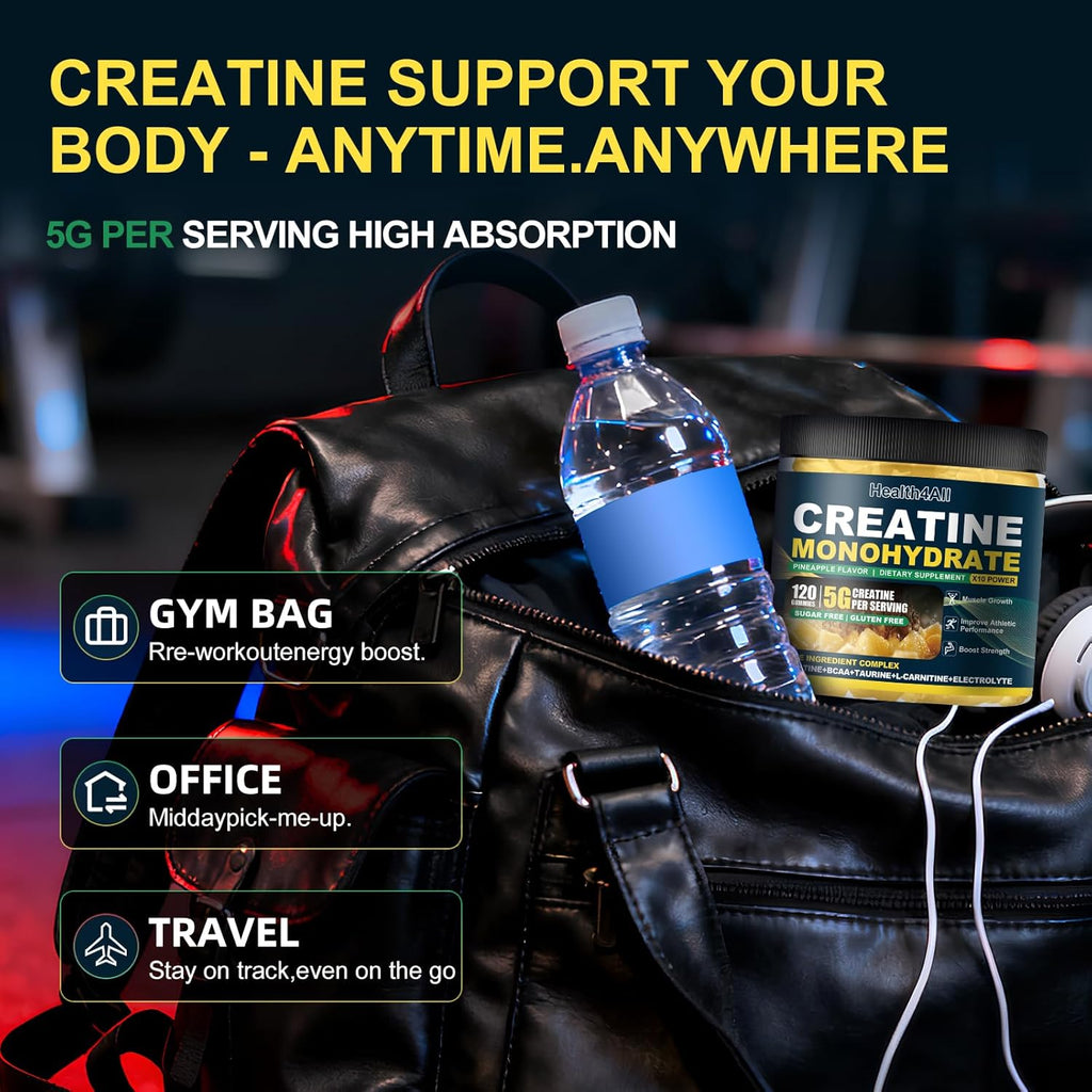 Health4All Creatine Monohydrate Gummies 5G for Men & Women, Preworkout Supplement for Energy & Muscle Growth Support with Electrolyte, BCAA, L-Carnitine & Taurine- Pineapple 120 Gummy