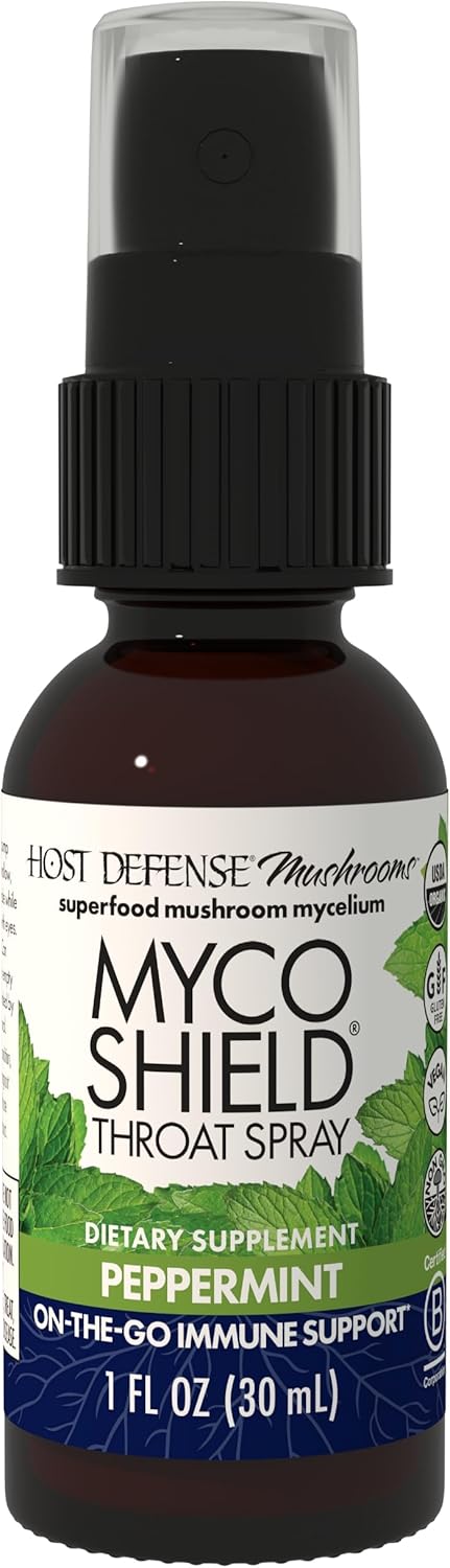 Host Defense MycoShield Throat Spray - Immune Health Support - Dietary Mushroom Supplement with Chaga, Reishi, Turkey Tail & More - On-The-Go Immune Support - Peppermint, 1 fl oz (71 Servings)*