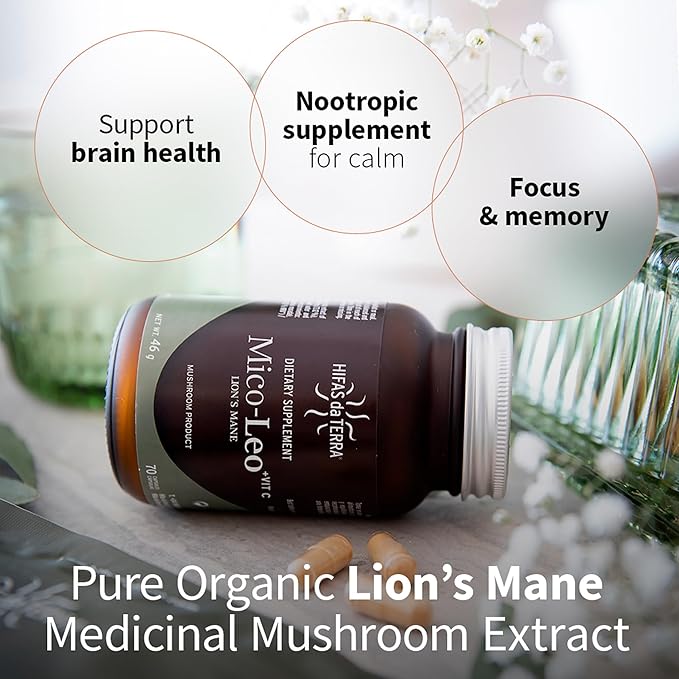 Hifas de Terra Mico-Leo - Organic Lions Mane Supplement Capsules, Lion's Mane Mushroom Extract, Nootropic for Brain, Focus, and Memory for Adults - 70 Vegan Capsules