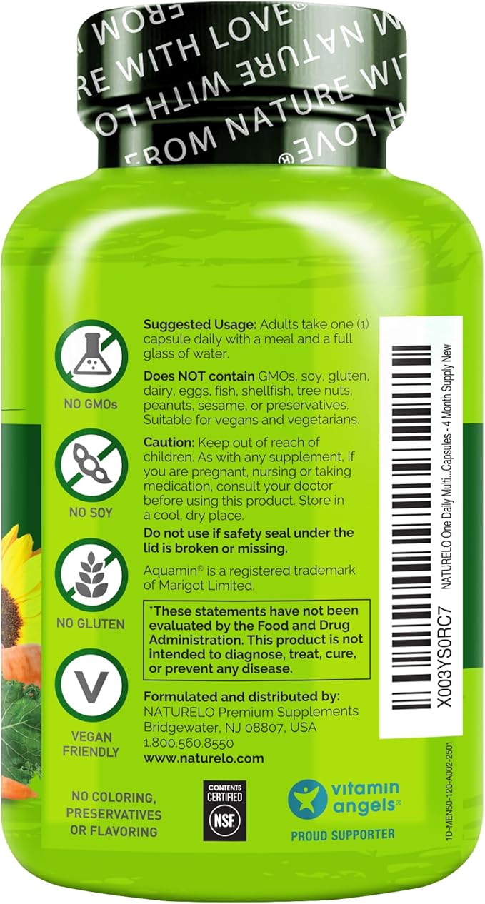 NATURELO Mens Multivitamins for Men 50+ - One Daily Multivitamin for Men with Vitamins, Minerals & Organic Whole Foods, Boost Energy & Health, Non-GMO, 120 Vegetarian Capsules